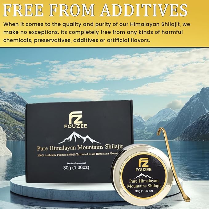 FOUZEE Pure Himalayan Mountains Shilajit - 77% + Fulvic Acid Authentic Hard Consistency Natural Source of Fulvic Acid Over 85 Trace Minerals Includes Stainless Steel Spoon (30 Grams)