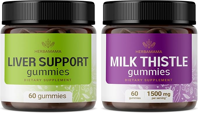HERBAMAMA Liver Support and Milk Thistle Kit - Bundle of Liver Support Complex &amp 1500mg Milk Thistle Gummies - Vegan Non GMO Gelatin-Free - 2 Pack
