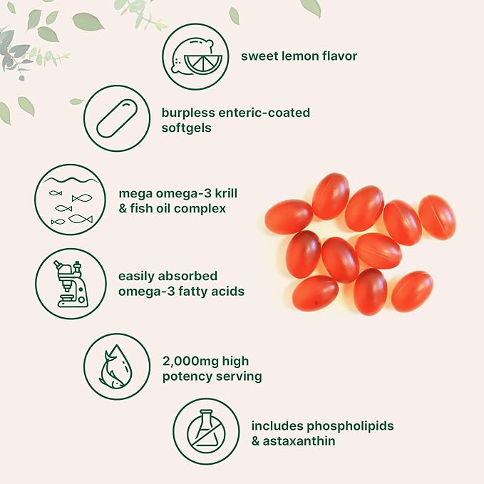 Mega Omega-3 Krill &amp Fish Oil 2000mg Equivalent 240 Softgels | Lemon Flavored | Burpless | Essential Fatty Acids &amp Astaxanthin | EPA 350mg + DHA 230mg | Heart &amp Brain Supplement