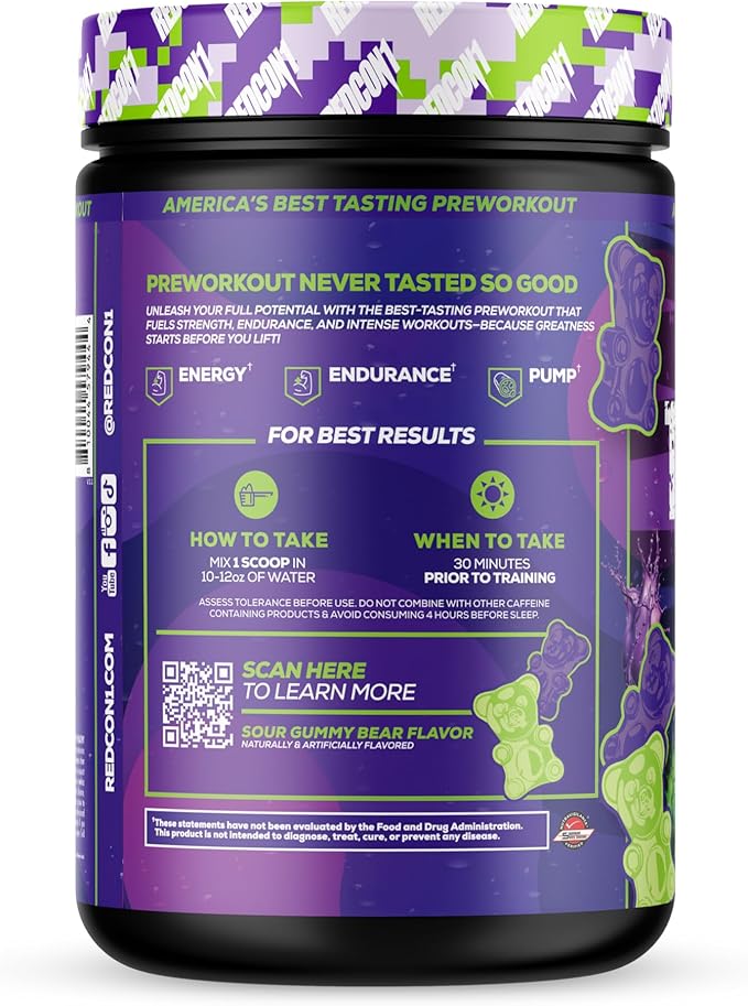 REDCON1 Total War Reloaded Pre Workout Sour Gummy Bear - Creatine Beta Alanine + L-Citrulline Malate Keto Friendly for Men &amp Women with 350mg of Caffeine - Fast Acting (30 Servings)