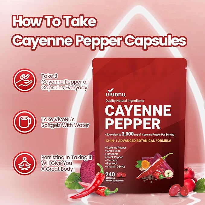 Cayenne Pepper Softgels Supplement with Vitamin E D3+K2 and Extracts of Turmeric Grape Seed Hawthorn Beetroot Berberine and Others Supports Leg Vein Heart and Blood Vessel Health (4 Pack)