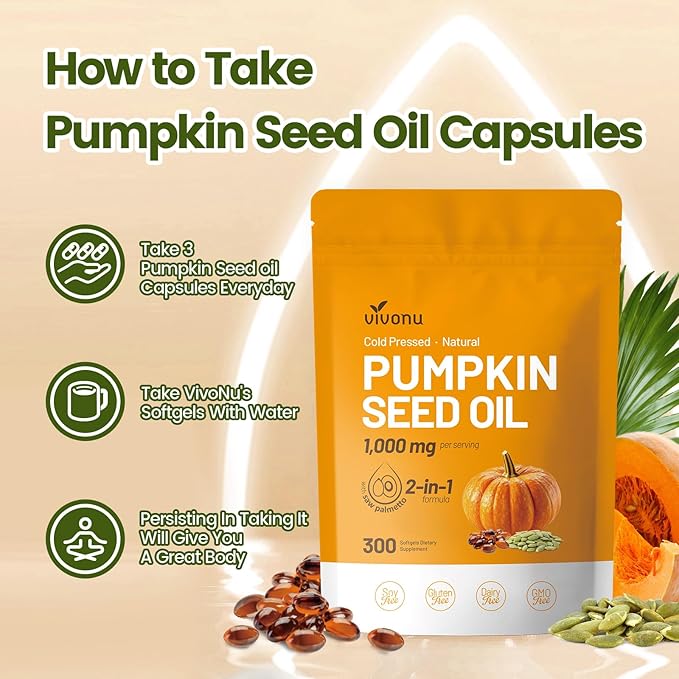 VivoNu Pumpkin Seed Oil with Saw Palmetto Capsules |Cold Pressed Pure Virgin OilEssential Fatty Acids &amp Phytosterols |300 SoftgelsSupports HairUrinaryBladder&ampProstate Health|Non-GMO