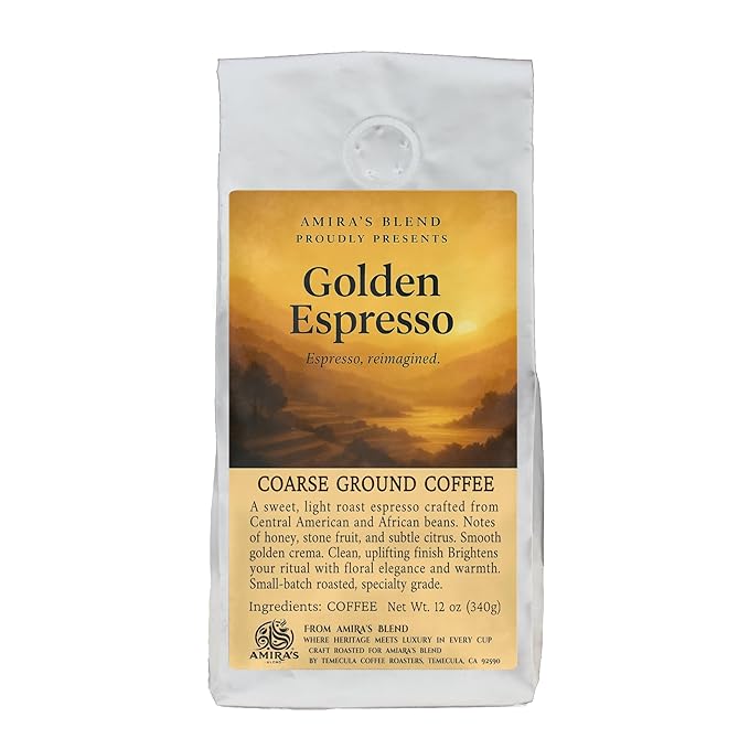 Amira’s Golden Espresso – Light Roast Sweet Espresso Blend Specialty Grade Freshly Roasted Always – Espresso Reimagined (Coarse Ground 12oz)