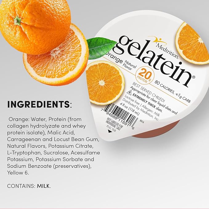 Gelatein Orange: 20 grams of protein. Sugar free. Ideal for clear liquid diets swallowing difficulties bariatric dialysis and oncology. Great pre or post-workout snack. (12 pack)