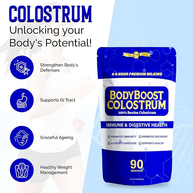 BodyBoost Premium Colostrum Whole 100% Bovine Colostrum Powder Immune Booster Supplement with Immunoglobulin &amp Lactoferrin Grass Fed Colostrum Powder Gut Health Diverse Intake16 oz