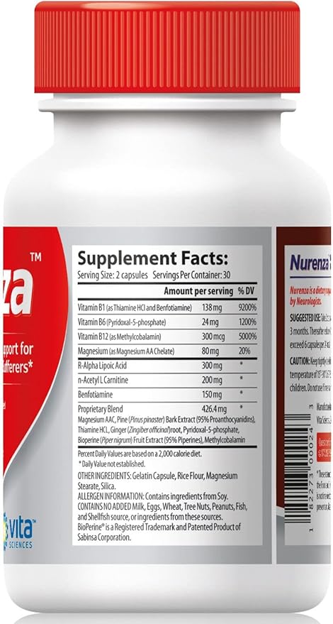 Vita Sciences Nurenza Neuropathy Relief Supplement for Nerve Health and Fast Repair. Natural R-ALA Form 40x Strength w/Vitamins Antioxidants and Revitalizing Feet Hands Legs and Toes.