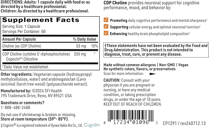 Klaire Labs SFI Health CDP Choline 250mg - Soy-Free Choline Supplements - Cognizin Citicoline to Help Support Memory Focus &amp Attention - Bioavailable Active Form Hypoallergenic (60 Capsules)