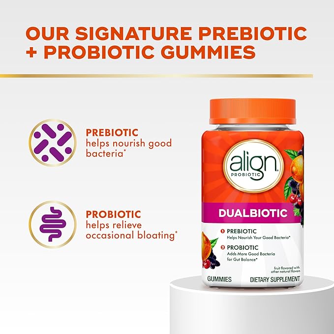 Align Dualbiotic Prebiotics and Probiotics for Women and Men Probiotics for Digestive Health Prebiotics Help Nourish Good Bacteria Natural Fruit Flavors 60 Probiotic Gummies