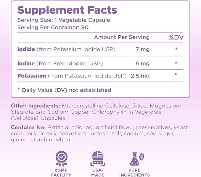 High Potency Potassium Iodine Supplement - Potassium Iodide USP and Free Iodine Capsules 12.5mg Precise Dosage Blend - Capsule Alternative to Lugol's Supplement for Thyroid Energy &amp Immunity (3 Mo
