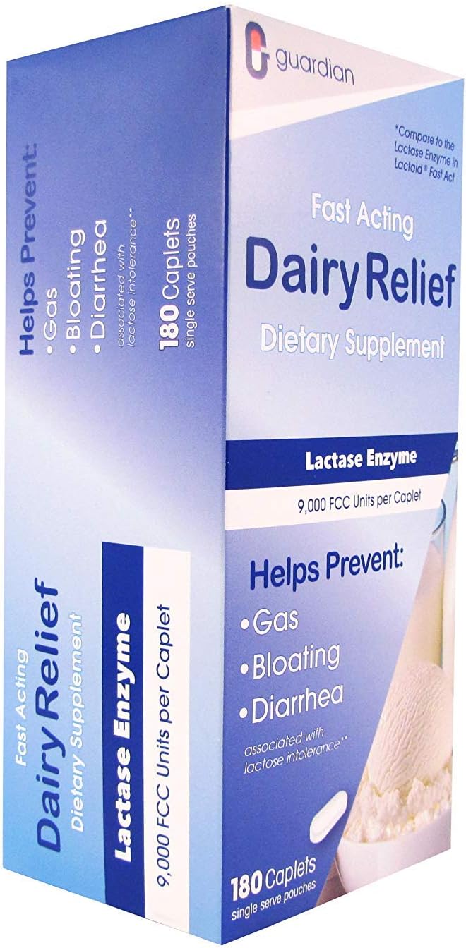 guardian Dairy Relief Fast Acting Lactase 180 Caplets 9000 FCC Maximum Strength Lactose Intolerance Pills Lactase Enzyme (180 CT)