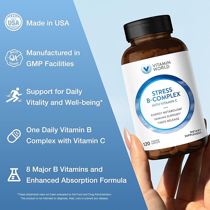 Vitamin World Stress Vitamin B Complex with Vitamin C Timed Release High-Potency Vitamin B6 B12 Niacin Folate &amp Biotin for Stress Energy Metabolism &amp Immune Support Non-GMO 120 Caplets