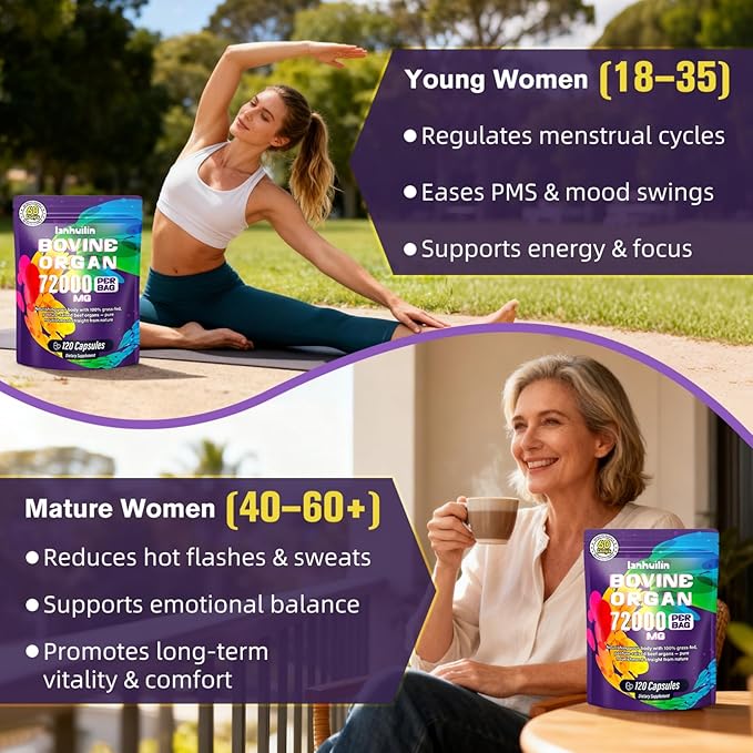 Beef Organ Supplement for Women - 100% Grass Fed Beef Organs with Bovine Liver Ovary Uterus Kidney Heart &amp Fallopian Tubes - PMS Menopause &amp Energy Immune &amp Mood Support 120 Count
