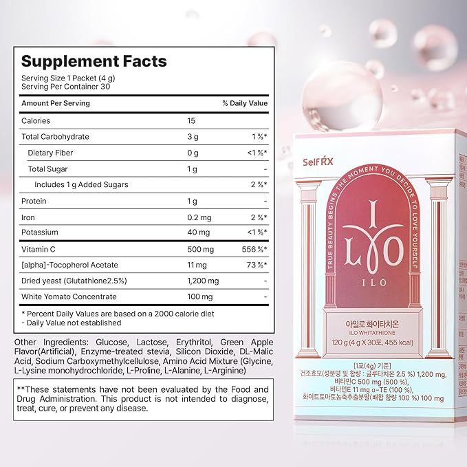 ILO Whitathione – Glutathione + White Tomato Antioxidant Powder with Vitamin C &amp E | Daily Glow Support | 30 Convenient Stick Packs