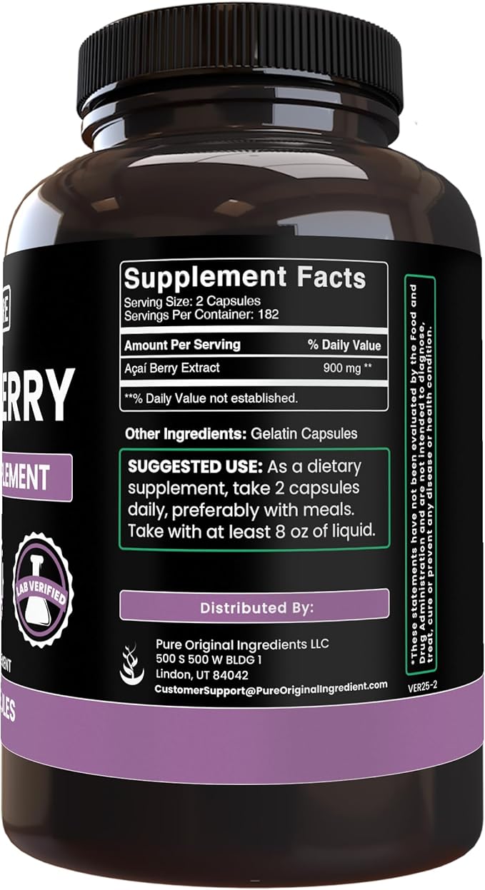 PURE ORIGINAL INGREDIENTS Acai Berry (365 Capsules) No Magnesium Or Rice Fillers Always Pure Lab Verified