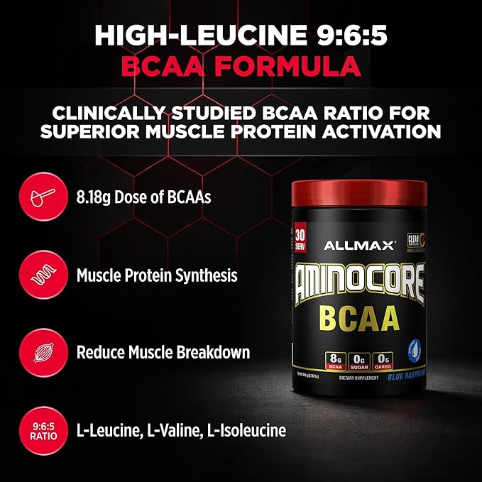 ALLMAX AMINOCORE BCAA Powder for Workout Muscle Recovery &amp Increased Endurance - Sugar Free No Fillers 8.18 Grams Bcaas Amino Acids B Vitamins for Women and Men - 30 Servings | Blue Raspberry 3