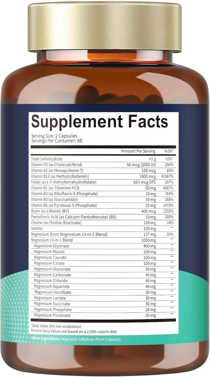 25-in-1 Magnesium Complex with Methylated B Complex 1000mg Magnesium Complex for Women &amp Men with Magnesium Glycinate 400mg 120 Vegan Capsules per Bottle 2 Bottles