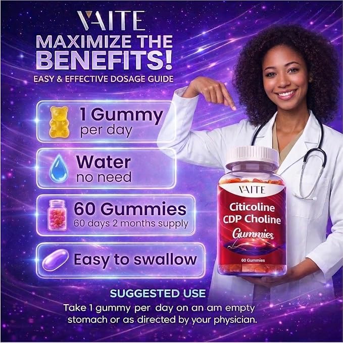 VAITE Citicoline 1000mg Supplements – CDP Choline for Brain Support Memory Focus &amp Mental Performance – Helps Maintain Clarity &amp Concentration – for Adults – Non-GMO Vegan 60 Gummies