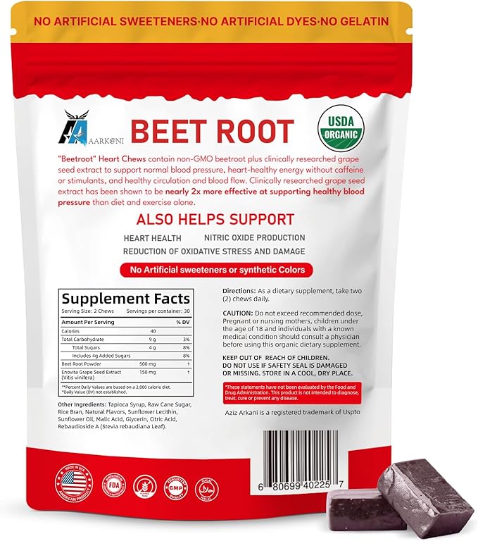 Aarkani Organic Beet Root Chewable Tablets Blood Pressure Support 60 Count Pomegranate Berry Flavor