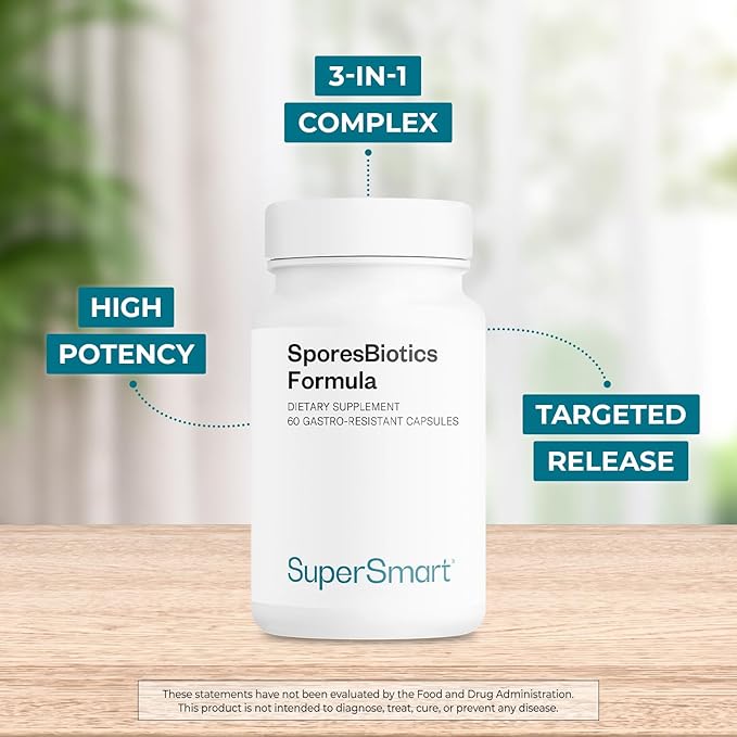 SuperSmart SporesBiotics Formula (Advanced Complex) - 3-in-1 Spore-Based Probiotics with Bacillus Clausii Subtilis Coagulans | Gluten Free &amp Vegetarian - 60 Gastro-Resistant Capsules