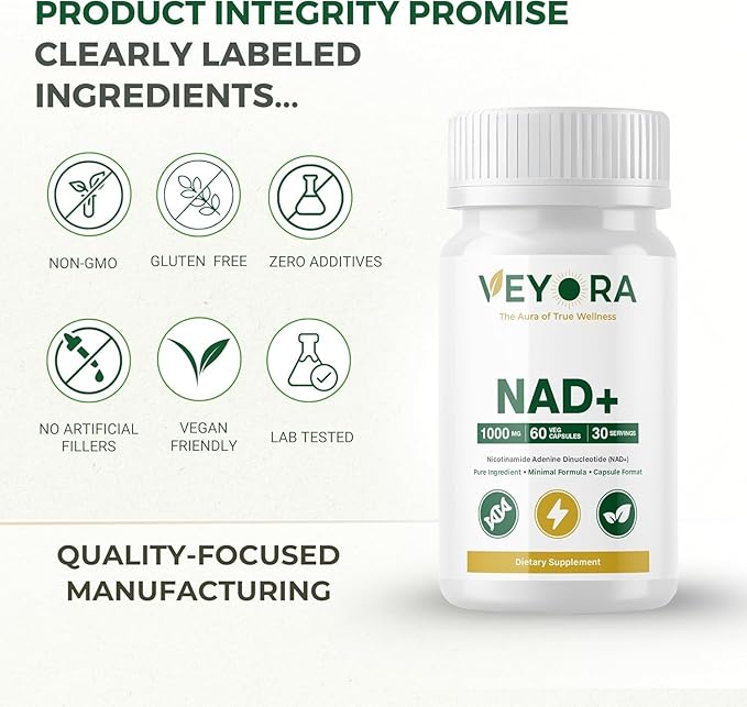 NAD+ 1000 mg | 60 Vegan Capsules | Nicotinamide Adenine Dinucleotide (NAD+) | Dietary Supplement | Non-GMO | Gluten-Free | Made for USA