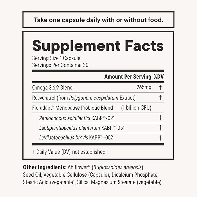 Daily Nouri Menopause Probiotics for Women | Hormonal Balance Hot Flashes Night Sweats &amp Gut Health | 3 Clinically Studied Strains + Resveratrol &amp Omega | 60-Day Supply