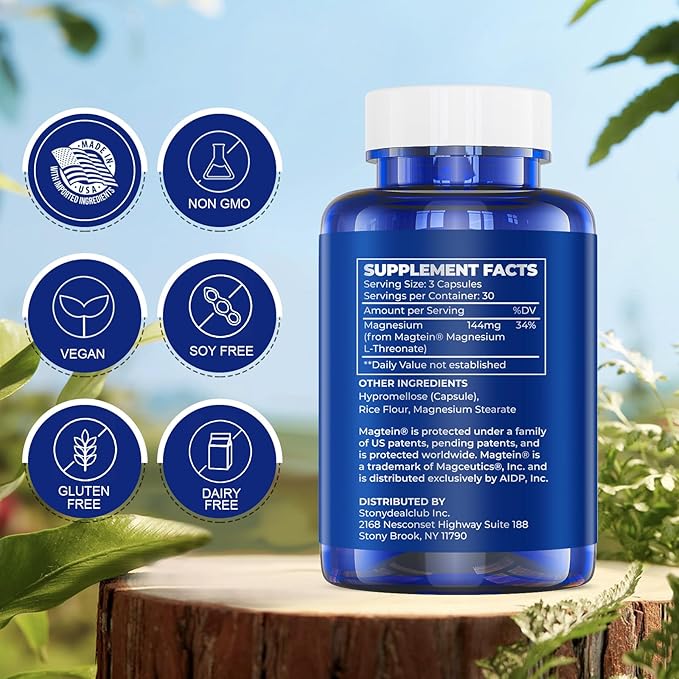 Magnesium L-Threonate Capsules Original Patented Magtein™ Form of Magnesium (Mg) Improve Memory Cognition and Sleep Quality (90 Capsules)