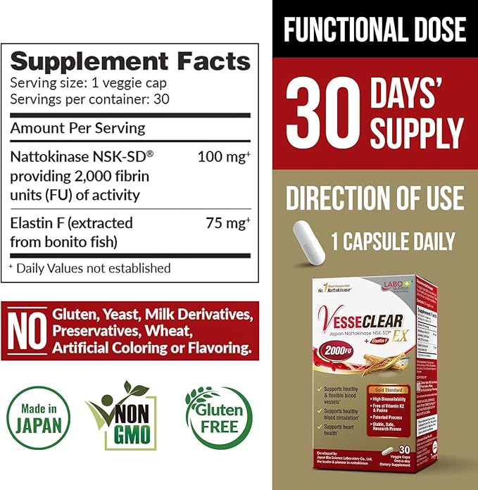 LABO Nutrition VesseCLEAR EX: Artery Cleanse &amp Elasticity Support Supplement | Blood Pressure Circulation Clean Arteries Heart Health Formula | Nattokinase NSK-SD + Elastin F | DR Capsules [3 Pa