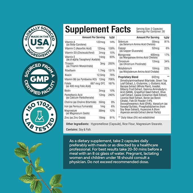 Natural Mind and Memory Supplement for Increased Mental Performance and Clarity Supports Brain Function Made with Pure Green Tea Extract DMAE Bitartrate and Vitamins - 60 Count - 3 Pack