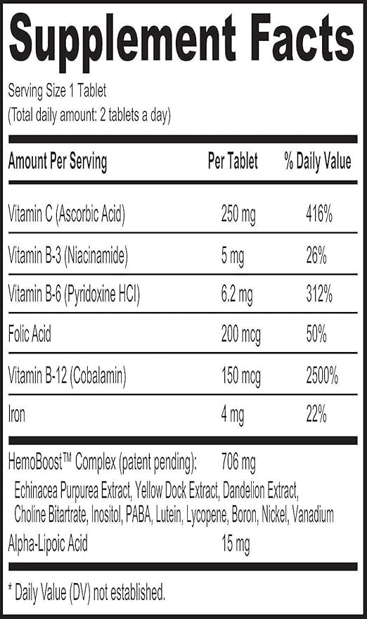Natural Blood Builder Iron Supplement and Support for Healthy RBC &amp Oxygen Levels and Red Blood Cells Production for Women and Men - 60 Pills