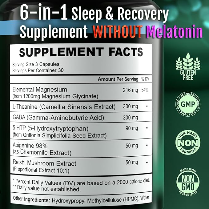 Natural Sleep Aid Supplement for Adults Without Melatonin - Non-Habit Forming Herbal Sleep - GABA L-Theanine Reishi Mushroom Apigenin Magnesium Glycinate 5-HTP - 90 Vegan Capsules
