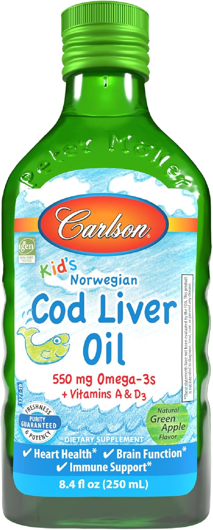 Carlson - Kid's Cod Liver Oil 550 mg Omega-3s Plus Vitamins A and D3 Wild Caught Norwegian Arctic Cod Sustainably Sourced Nordic Liquid Fish Oil Green Apple 250 mL (8.4 Fl Oz)