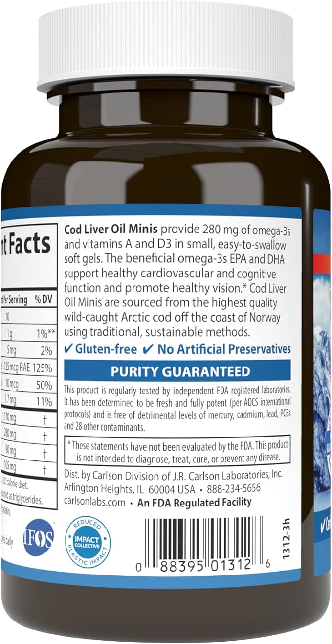 Carlson - Cod Liver Oil Minis 280 mg Omega-3s + Vitamins A &amp D3 Heart Support &amp Cognitive Function Vision Health 250 Mini Soft Gels