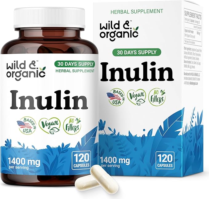 Wild &amp Organic Inulin Capsules 1400 mg - Digestive &amp Gut Support - Inulin Prebiotic Fiber Powder Supplement - Chicory Root Derived - Vegan No Fillers Non-GMO - 120 Count