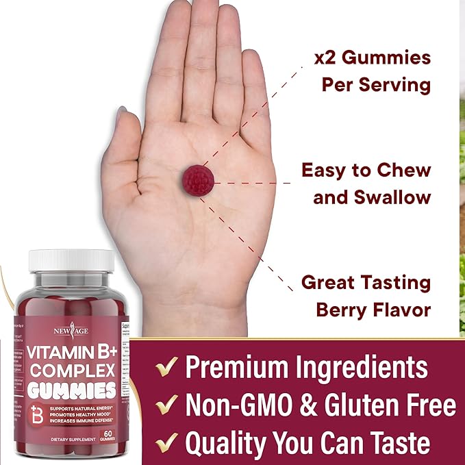 NEW AGE Vitamin B Complex Gummies with Vitamin B3 B5 B6 B7 B9 &amp B12 – with Biotin Folic Acid &amp Vitamin C – Gluten-Free Vegan Made in The USA! (60 Count (Pack of 1))