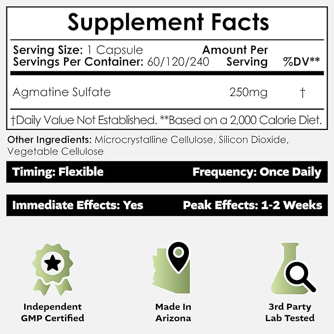 Nootropics Depot Agmatine Sulfate Capsules | 250mg | 240 Count | Nitric Oxide &amp Pump Support | Pre-Workout Amino Acid | Promotes Strength Energy &amp Recovery