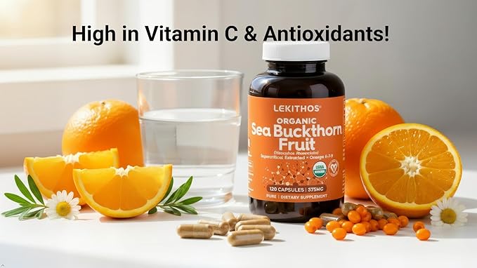 Organic Sea Buckthorn Capsules | Organic Omega 6-7-9 Complex | 1125mg Per Serving | Supports Skin Barrier and Inflammatory Response | USDA Organic Vegan Non-GMO Gluten-Free | 120 Capsules