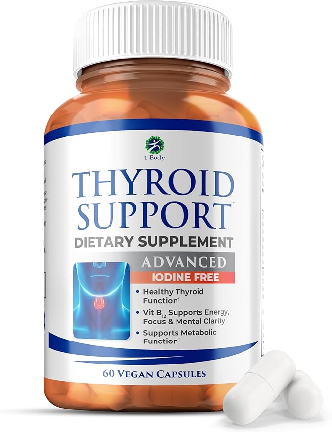 1 Body Thyroid Support Supplement for Women – Iodine Free Formula with Selenium Zinc &amp Ashwagandha – Supports Energy Metabolism &amp Hormone Balance – 60 Vegan Capsules
