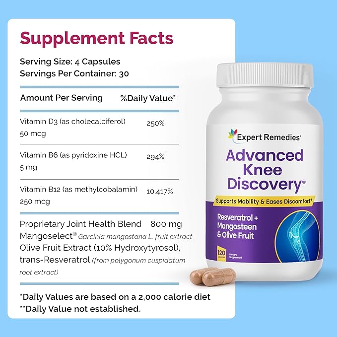 Knee Joint Support Supplement Outperforms Glucosamine Chondroitin with Fast Acting Blend of Mangoselect Olive Fruit Trans-Resveratrol Non-GMO Knee Pain Blend 120 Count