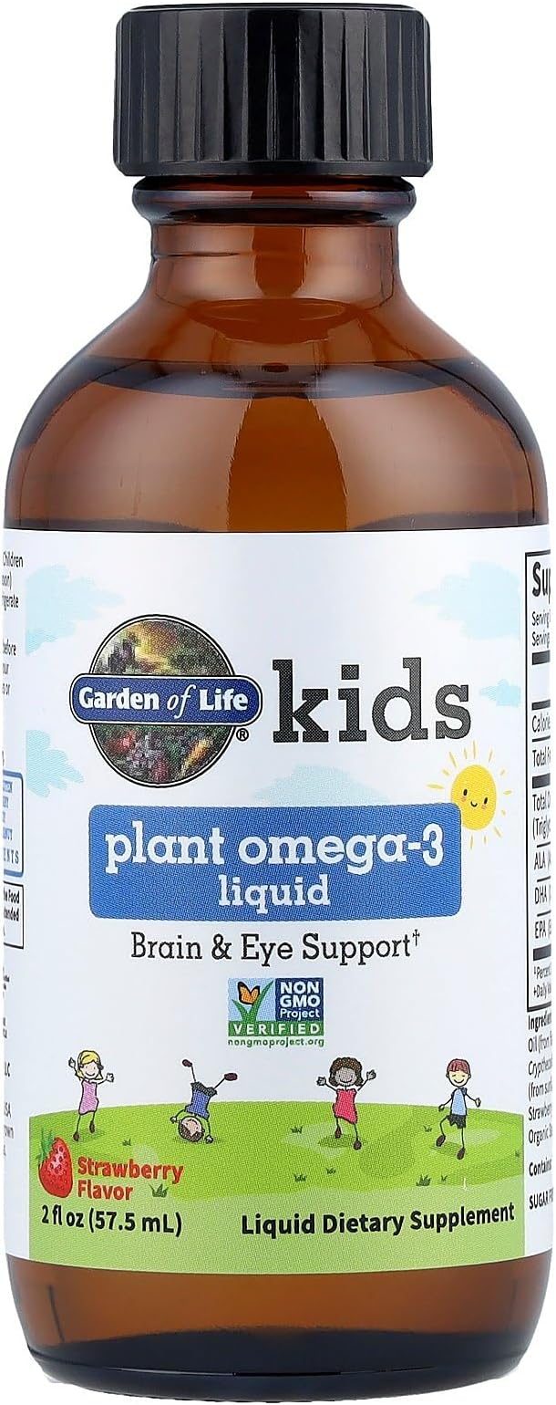 Garden of Life Kids Plant Omega-3 Liquid Strawberry - Vegan Brain &amp Eye Support for Kids Plant-Based Children's Omega 3 ALA DHA &amp EPA Supplement for Children Sugar Free &amp Non-GMO - 2 f