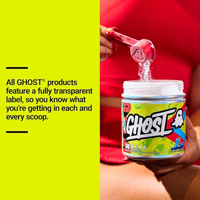 GHOST BCAA Powder Amino Acids Supplement Blue Raspberry - 30 Servings - Sugar-Free Intra Post &amp Pre Workout Amino Powder &amp Recovery Drink 7G BCAA