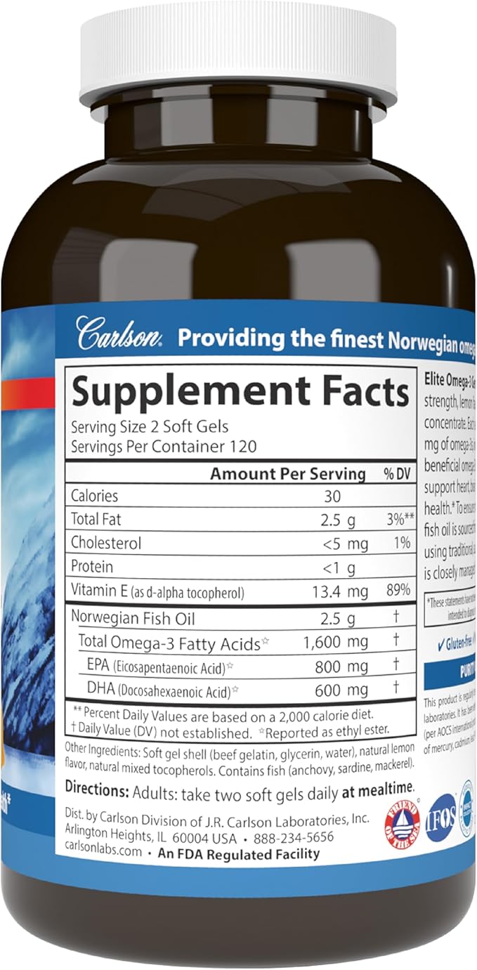 Carlson Laboratories Laboratories Elite Omega 3 Gems 1250mg Lemon Flavored 240 Softgels