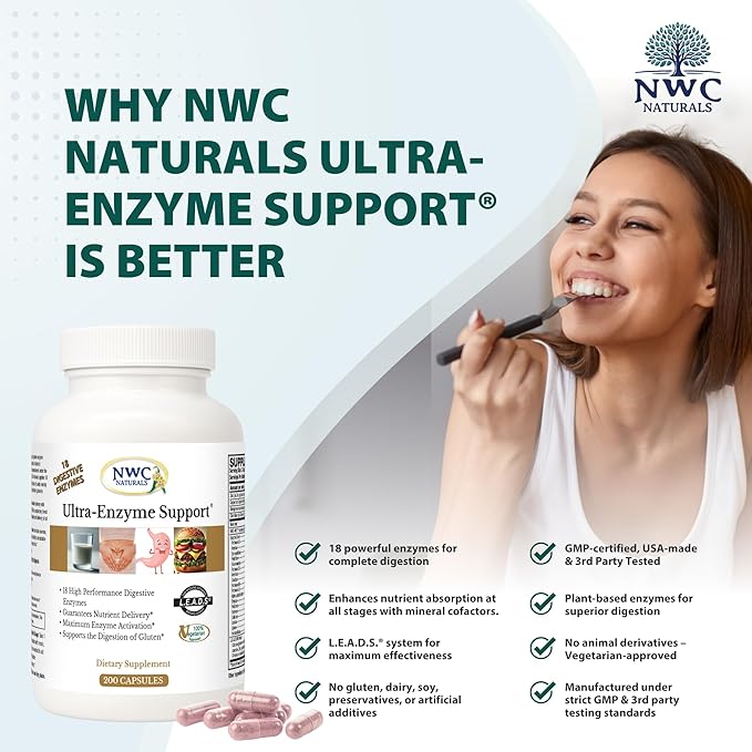 NWC Naturals Ultra-Enzyme Support Natural Digestive Supplement Promotes Optimal Health and Digestion 200 count Capsules