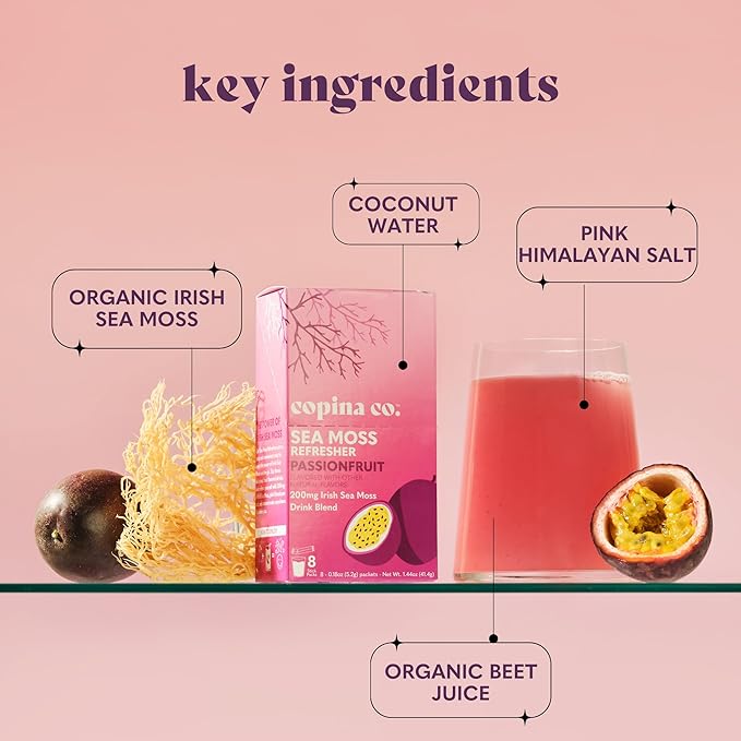 Organic Irish Sea Moss Powder 200mg Packets for Gut Health and Immune Support - Passionfruit Flavored Seamoss Drink with Coconut Water for Hydration Muscle Recovery - 16 Stick Packs