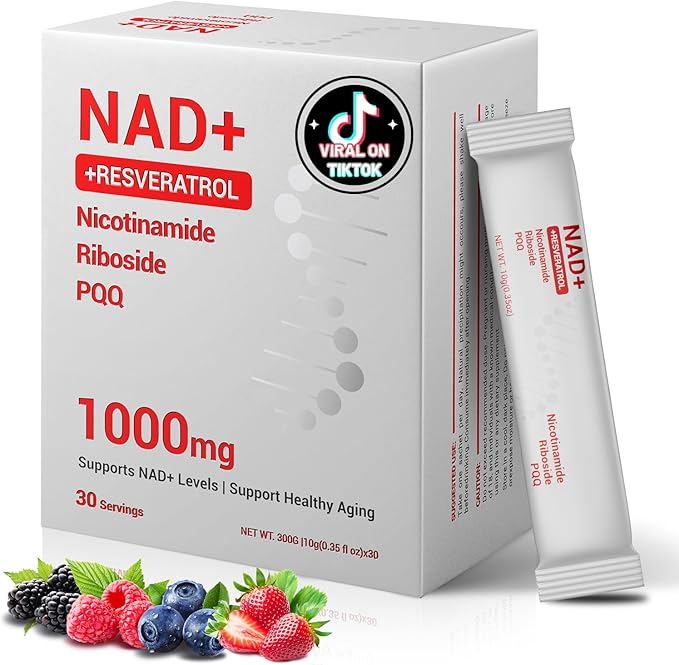 NAD Supplement 1000mg with Resveratrol Pure Organic Liquid Packets - Nicotinamide Riboside Supplements with PQQ - Liposomal NAD+ Berry Flavor Drink - Cellular Energy &amp Anti-Aging Support 30 Packs