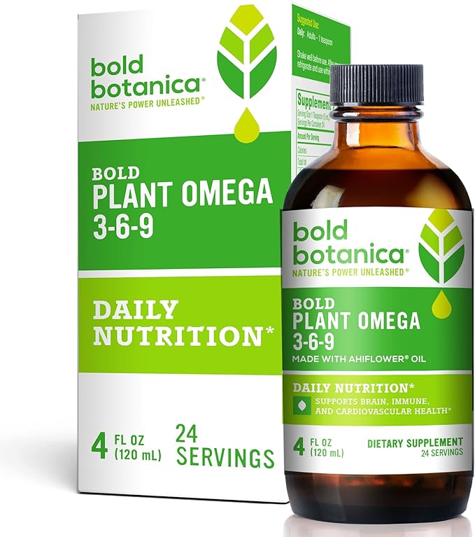 Bold Botanica Plant Vegan Omega 3-6-9 with Ahiflower Oil Omega 3 Liquid Supplement for Women &amp Men Plant-Based Omegas for Brain &amp Immune Health Better Than Flax Fish Free Sugar-Free 4 fl