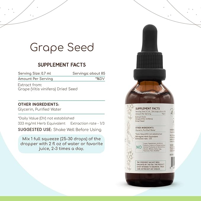 Grape Seed B60 Alcohol-Free Herbal Extract Tincture Concentrated Liquid Drops Natural Grape (Vitis Vinifera) Dried Seed (2 fl oz)