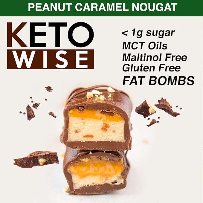 Keto Wise Fat Bombs - Made with Chocolate containing MCT Oil - Low Fat Low Carb and Keto Friendly Snack - 7g Fat 2g Net Carbs | Peanut Caramel Nougat Pack of 16