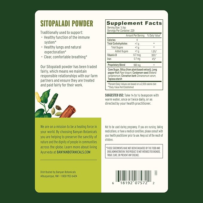 Banyan Botanicals Sitopaladi Powder – Organic Immune Support Supplement – Ayurvedic Formula for Healthy Lungs and Respiration* – 1/2lb. – Sustainably Sourced Non-GMO Vegan
