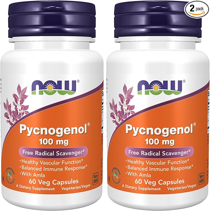 NOW Foods Supplements Pycnogenol 100 mg (a Unique Combination of Proanthocyanidins from French Maritime Pine) with Amla 60 Veg Capsules (Pack of 2)