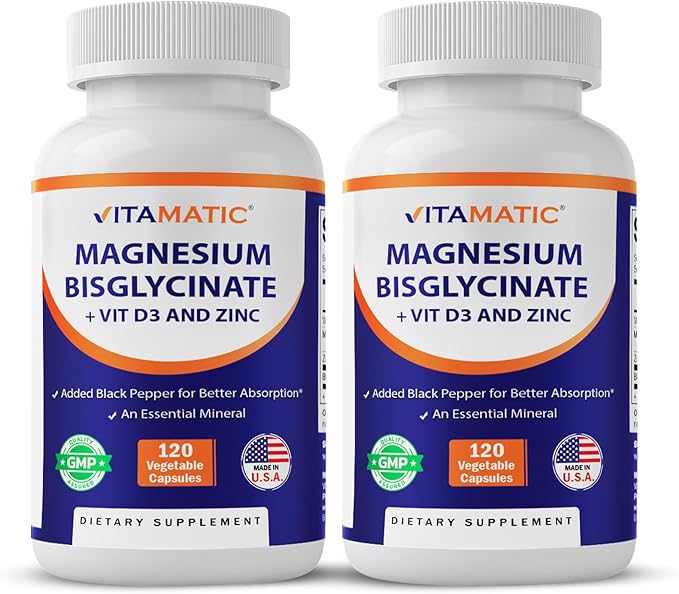 Vitamatic Magnesium (from Bisglycinate &amp Oxide) with Vitamin D3 &amp Zinc - 120 Veg Capsules - Supports Muscle Joint Nerve &amp Heart Health – Non-GMO Gluten-Free - 2 Pack